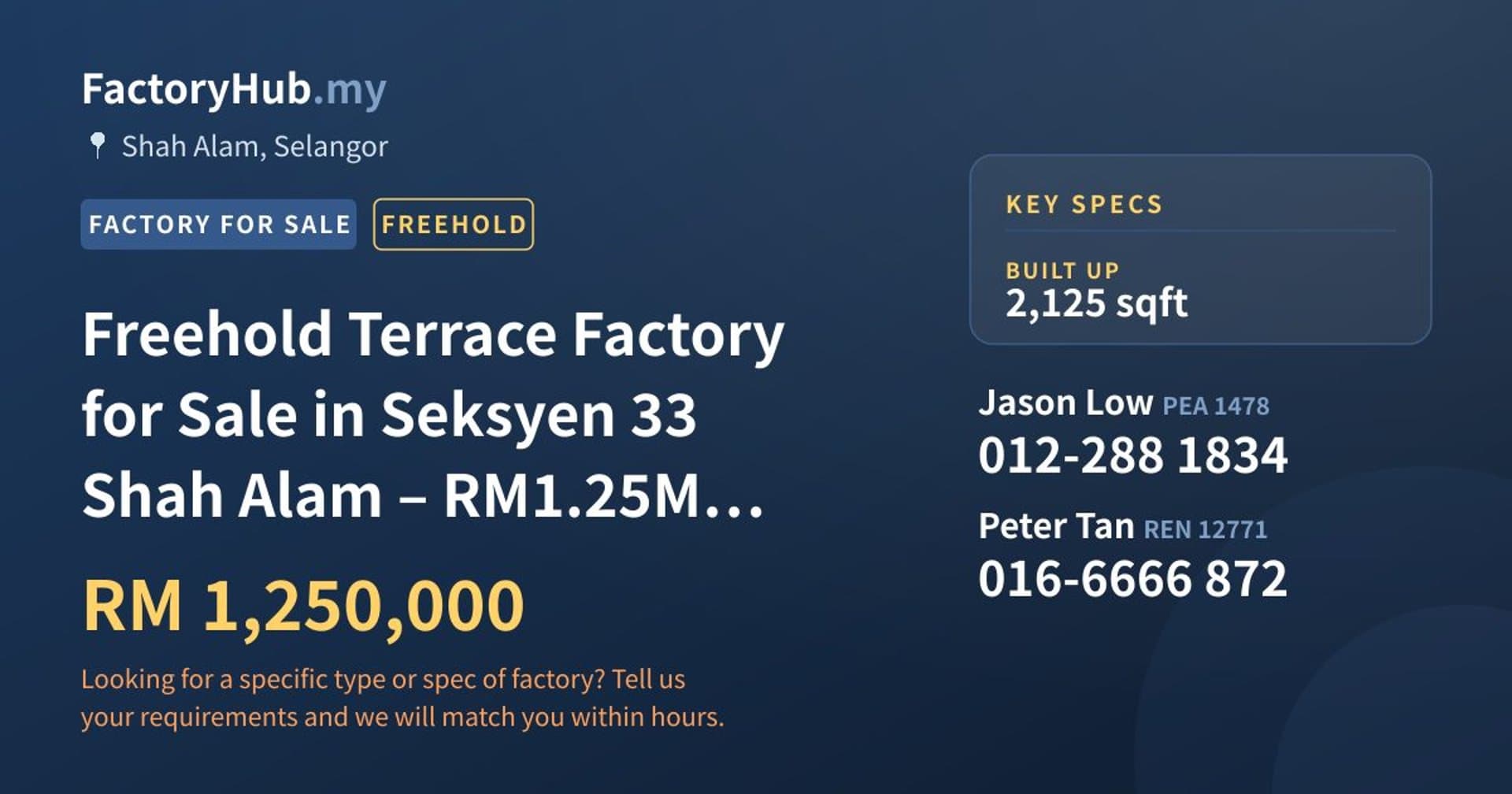 Freehold Terrace Factory for Sale in Seksyen 33 Shah Alam – RM1.25M 2125sf - Property image 1 of 6