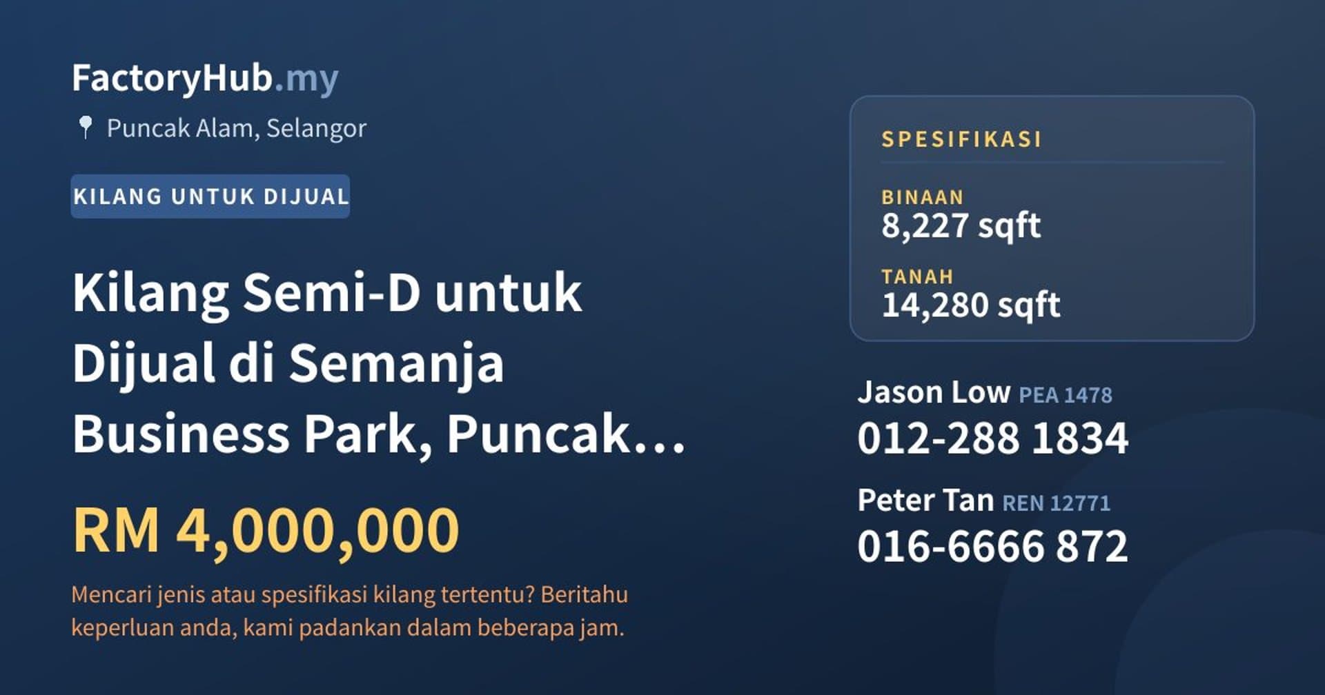 Kilang Semi-D untuk Dijual di Semanja Business Park, Puncak Alam · Imej hartanah 1/2