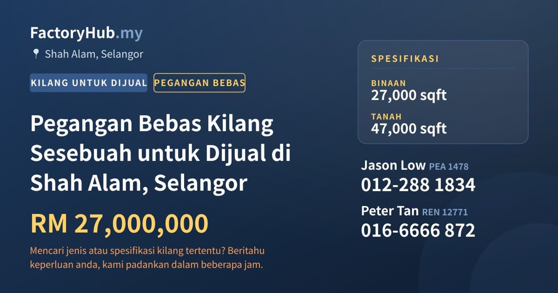Pegangan Bebas Kilang Sesebuah untuk Dijual di Shah Alam, Selangor · Imej hartanah 1/2