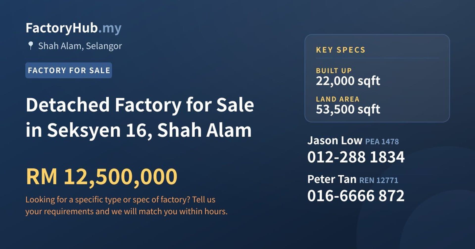 Detached Factory for Sale in Seksyen 16, Shah Alam - Property image 1 of 2