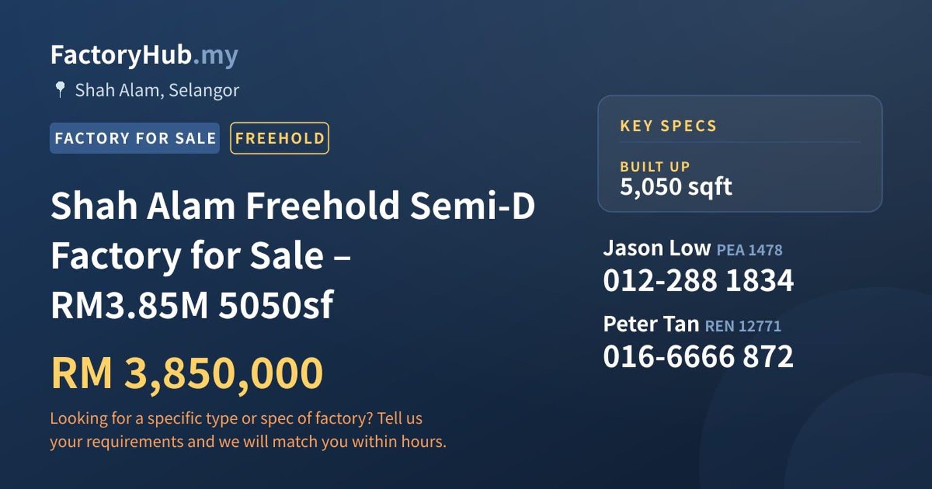 Shah Alam Freehold Semi-D Factory for Sale – RM3.85M 5050sf - Property image 1 of 9