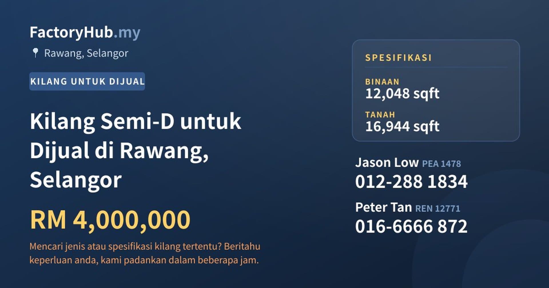 Kilang Semi-D untuk Dijual di Rawang, Selangor · Imej hartanah 1/2