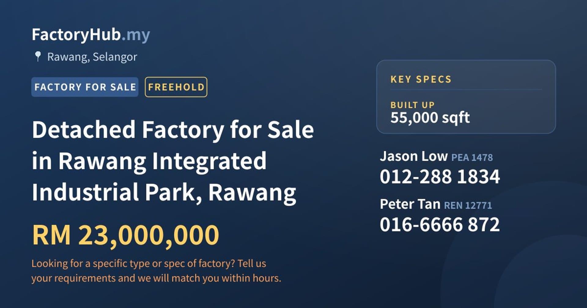 Detached Factory for Sale in Rawang Integrated Industrial Park, Rawang - Property image 1 of 2