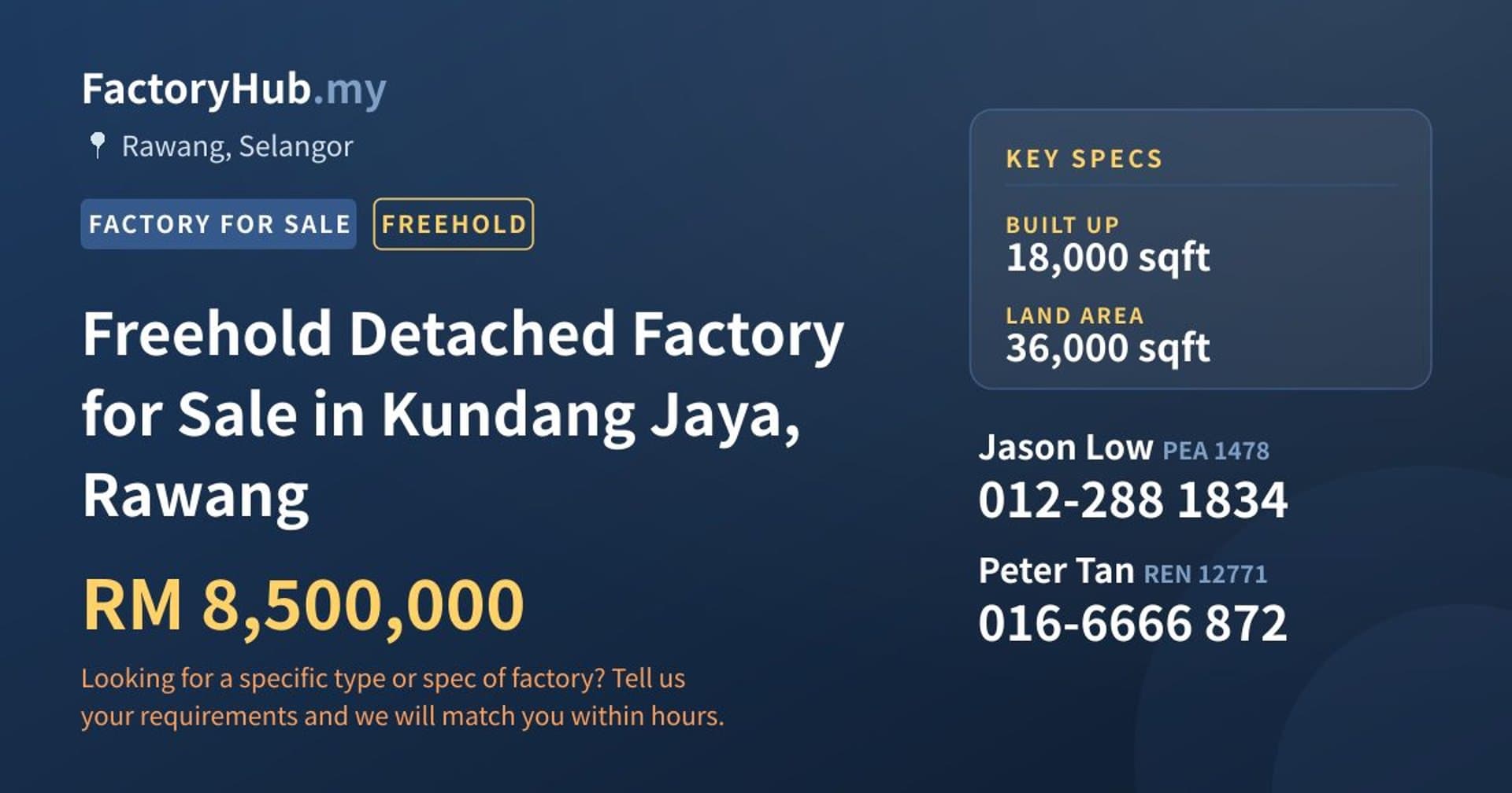 Freehold Detached Factory for Sale in Kundang Jaya, Rawang - Property image 1 of 2