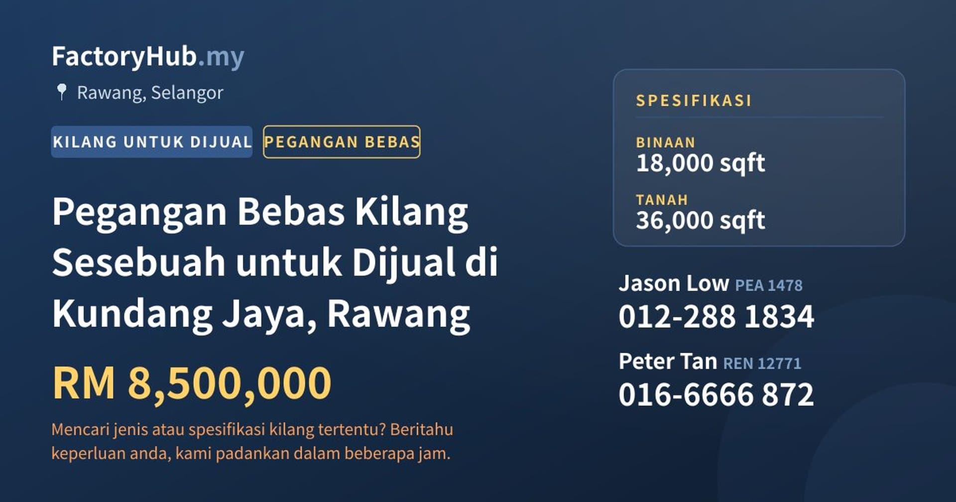 Pegangan Bebas Kilang Sesebuah untuk Dijual di Kundang Jaya, Rawang · Imej hartanah 1/2