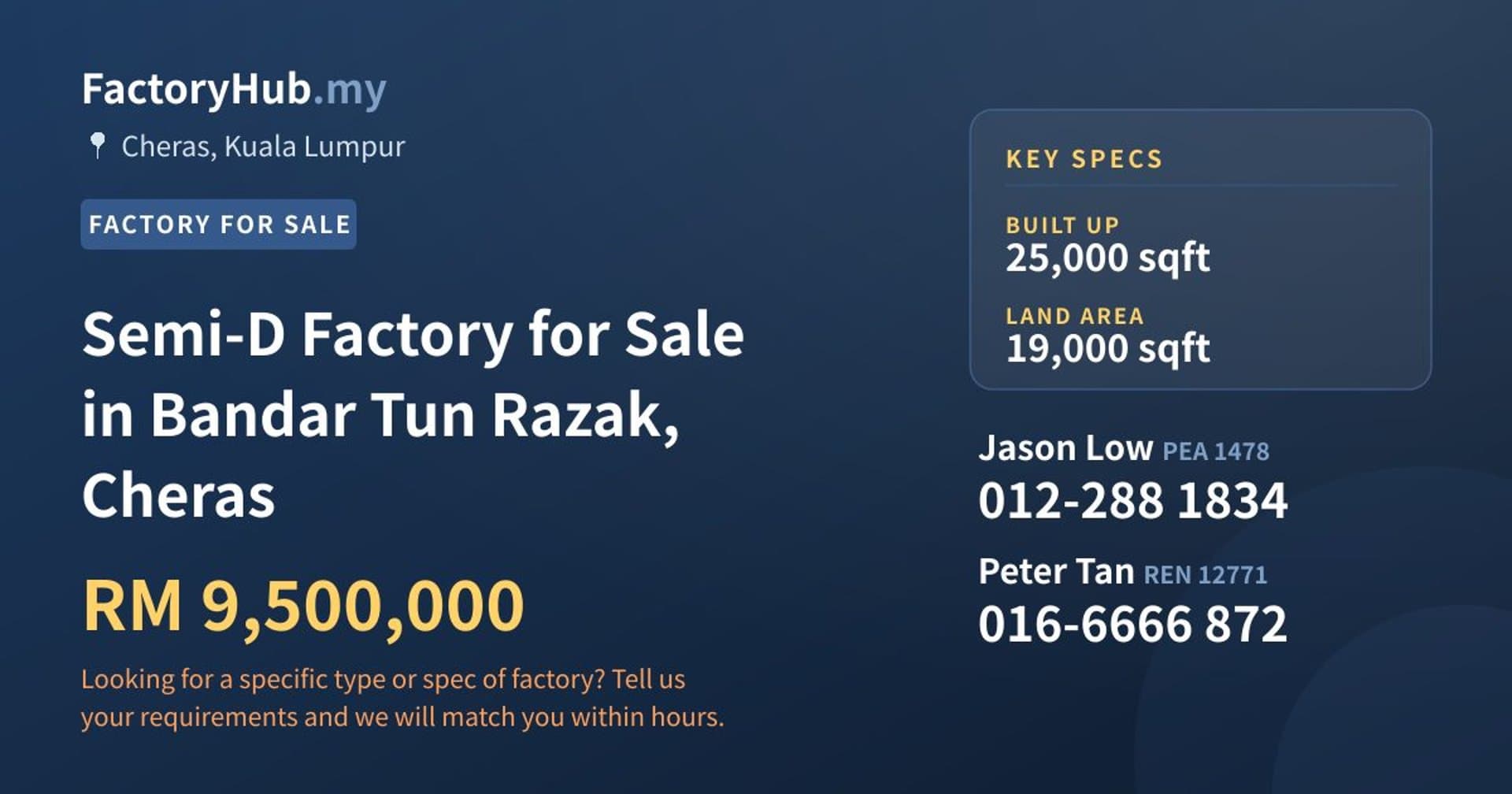 Semi-D Factory for Sale in Bandar Tun Razak, Cheras - Property image 1 of 2