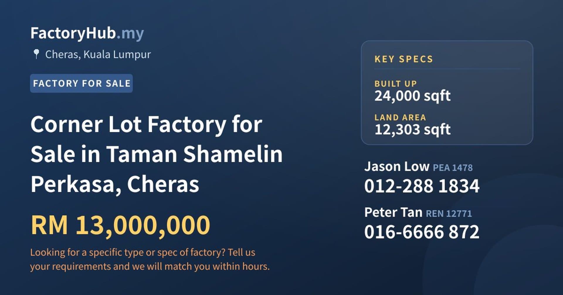 Corner Lot Factory for Sale in Taman Shamelin Perkasa, Cheras - Property image 1 of 2