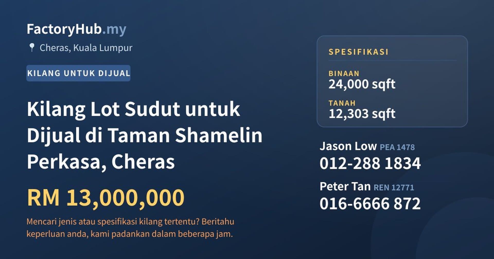 Kilang Lot Sudut untuk Dijual di Taman Shamelin Perkasa, Cheras · Imej hartanah 1/2