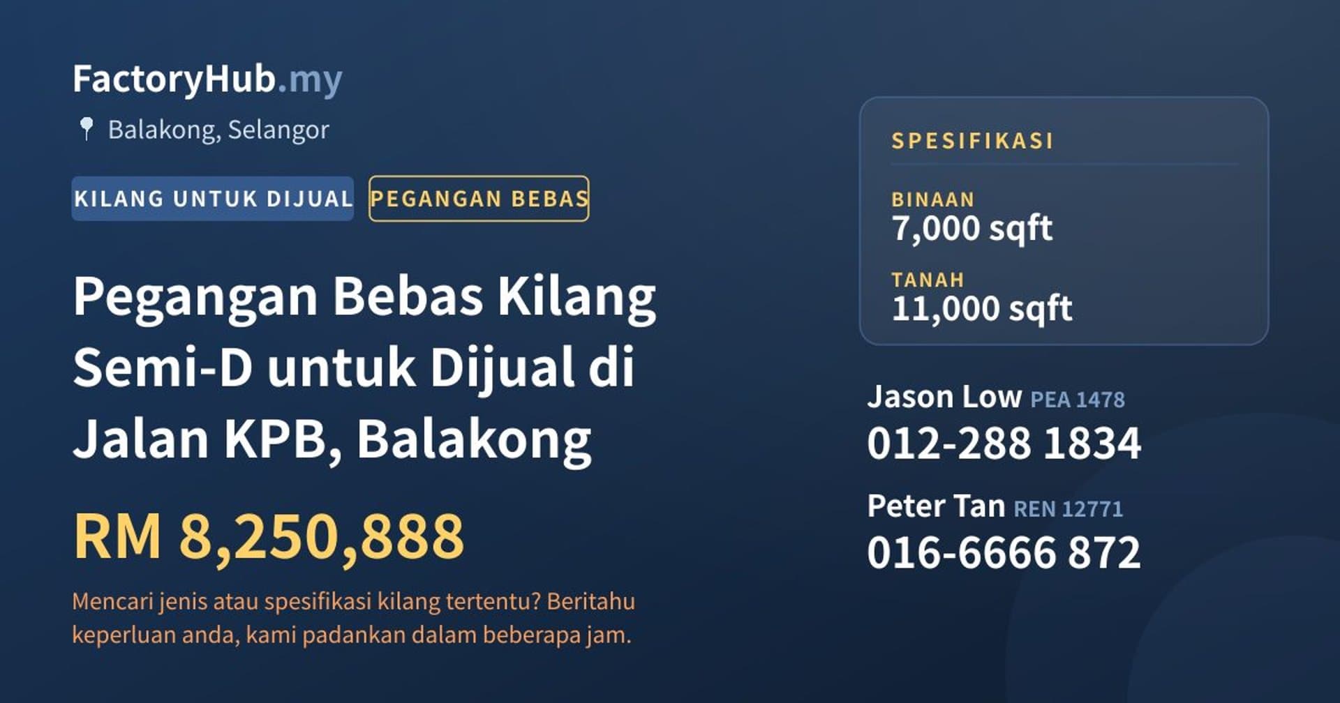 Pegangan Bebas Kilang Semi-D untuk Dijual di Jalan KPB, Balakong · Imej hartanah 1/2