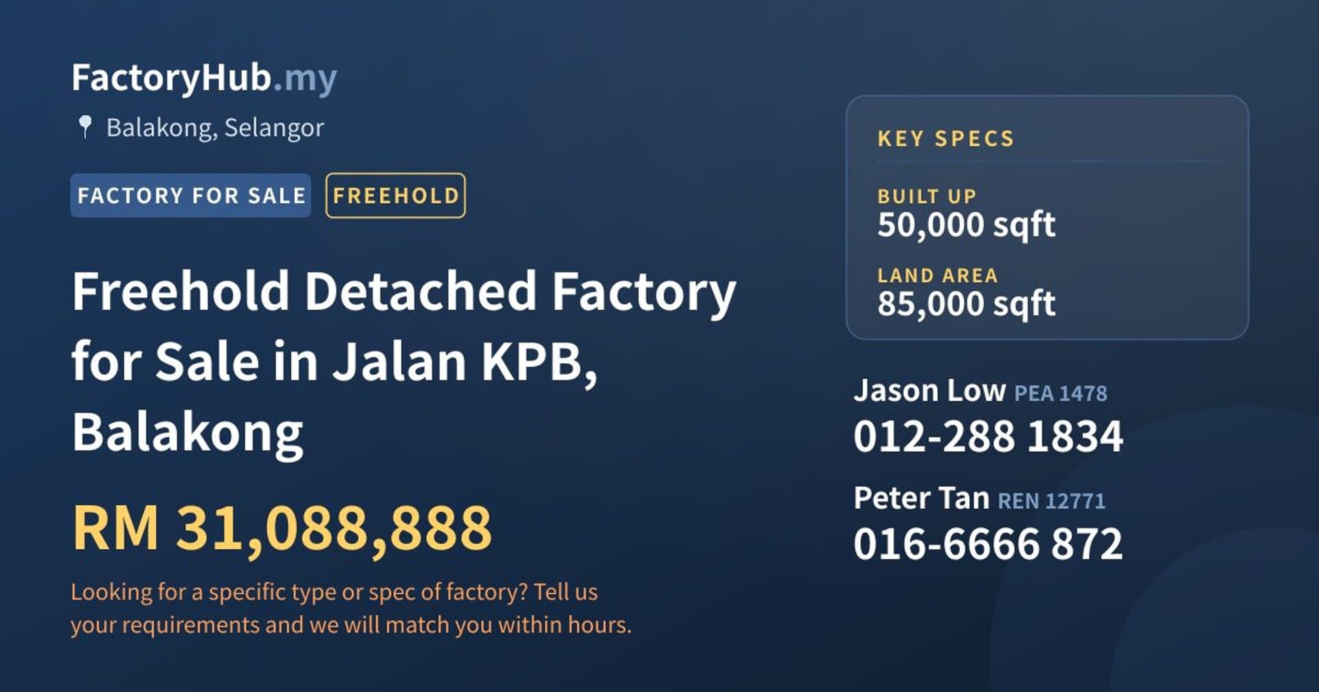 Freehold Detached Factory for Sale in Jalan KPB, Balakong - Property image 1 of 2