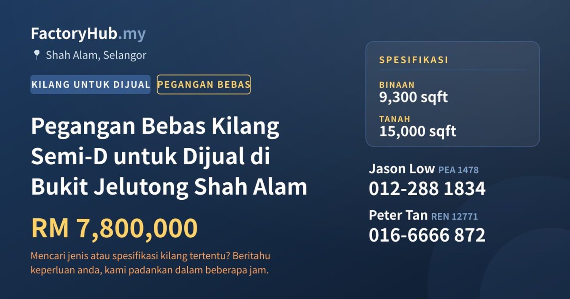 Pegangan Bebas Kilang Semi-D untuk Dijual di Bukit Jelutong Shah Alam · Imej hartanah 1/2