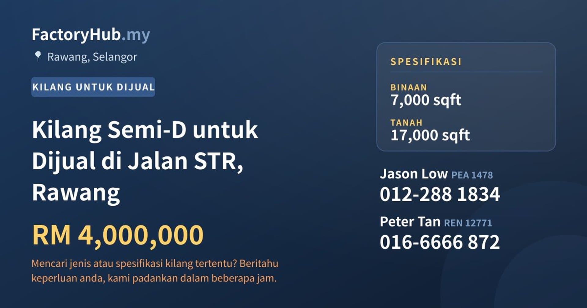 Kilang Semi-D untuk Dijual di Jalan STR, Rawang · Imej hartanah 1/2