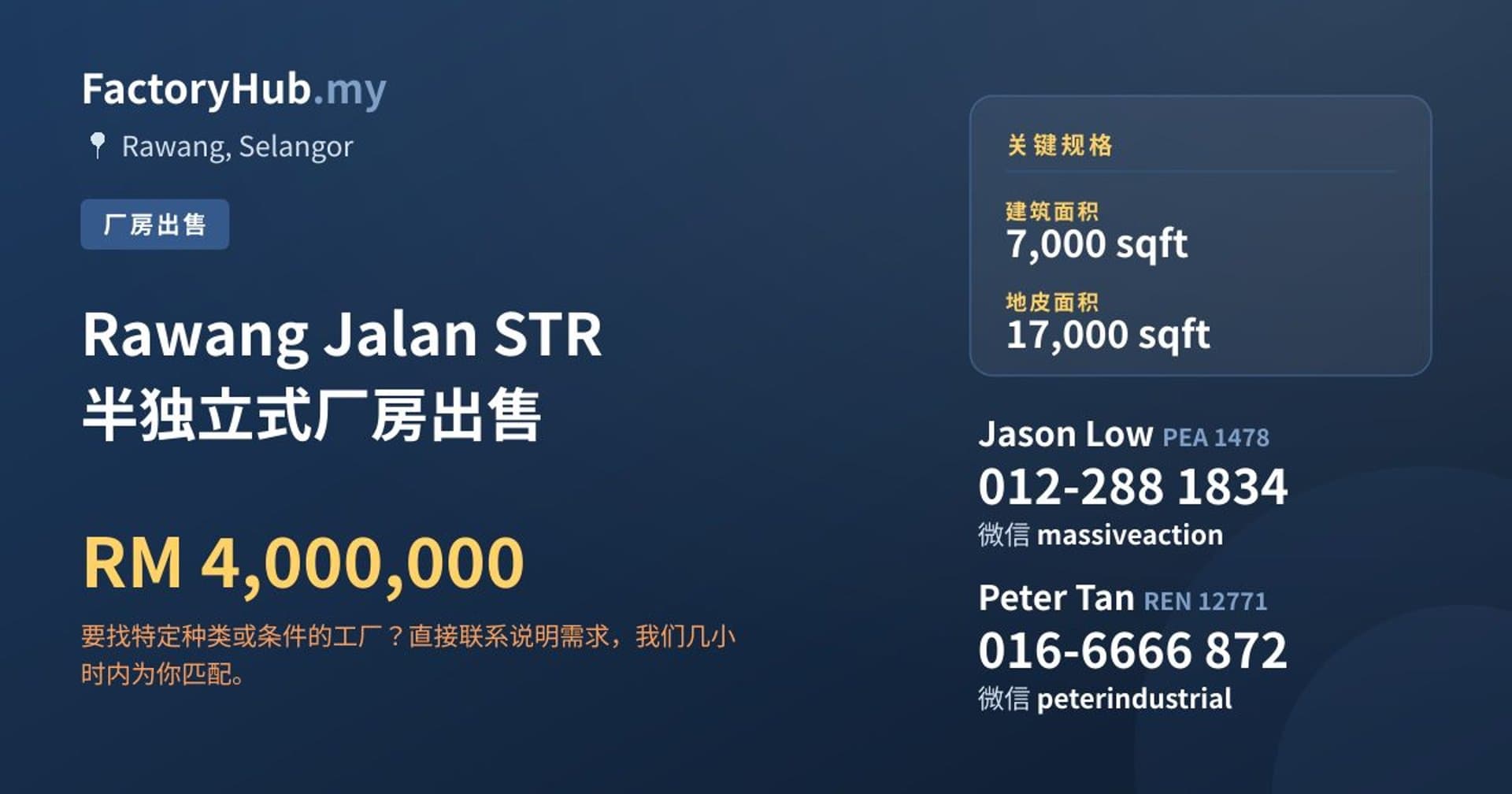 Rawang Jalan STR 半独立式厂房出售 · 房源图片 1/2