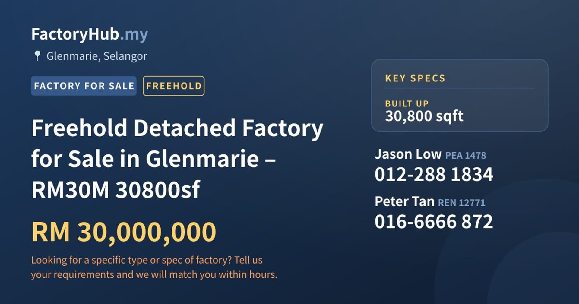 Freehold Detached Factory for Sale in Glenmarie – RM30M 30800sf - Property image 1 of 8