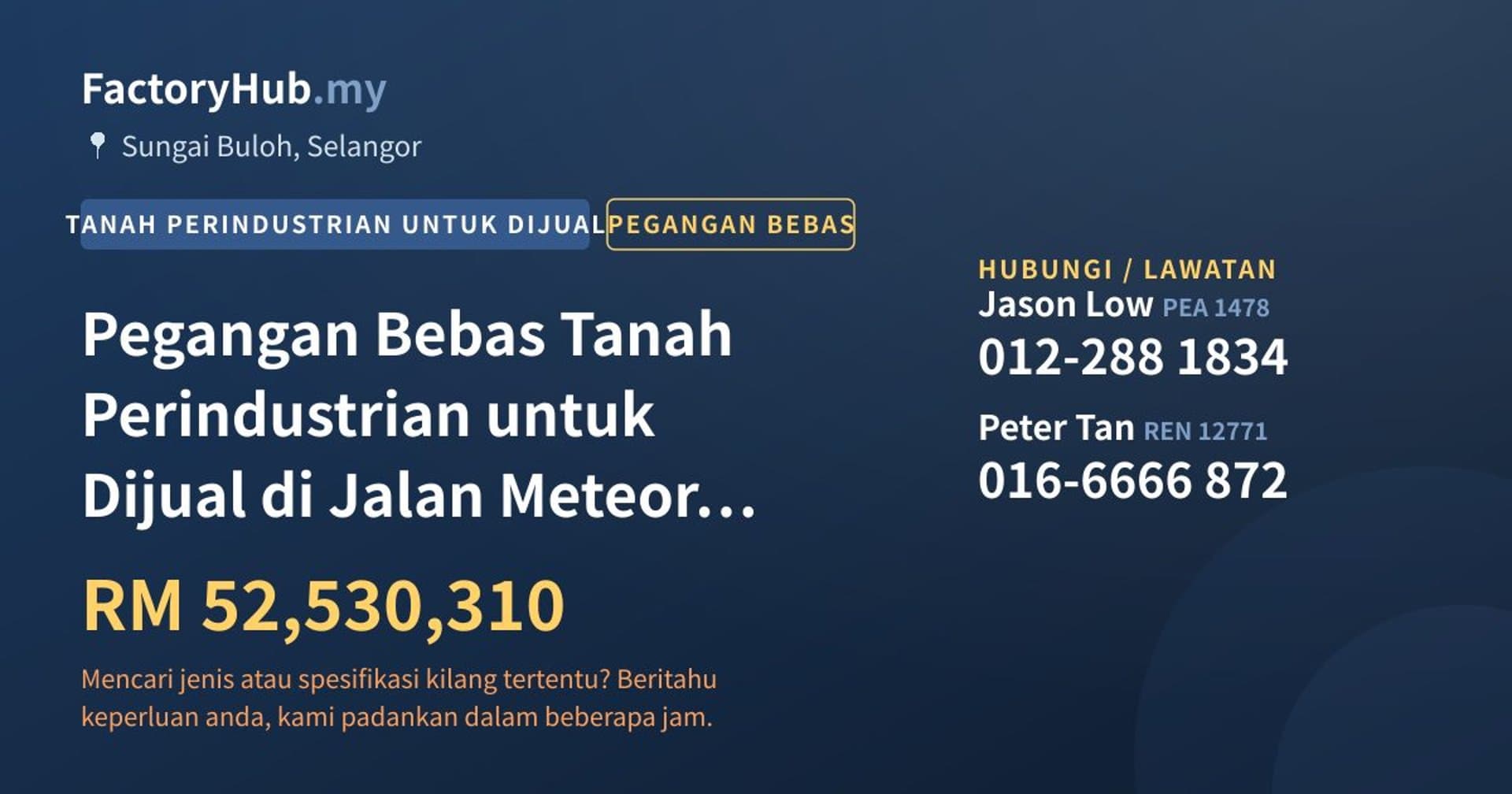 Pegangan Bebas Tanah Perindustrian untuk Dijual di Jalan Meteor, Sungai Buloh · Imej hartanah 1/2