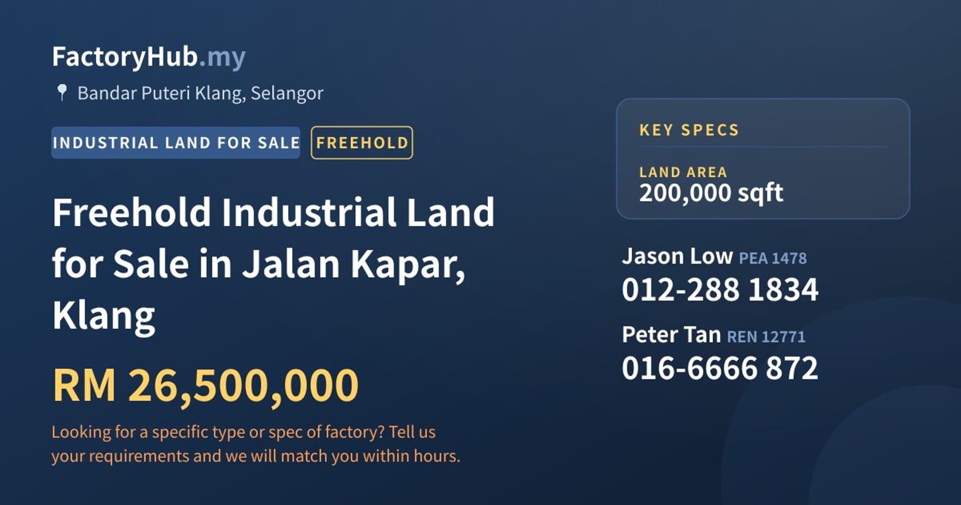 Freehold Industrial Land for Sale in Jalan Kapar, Klang - Property image 1 of 2