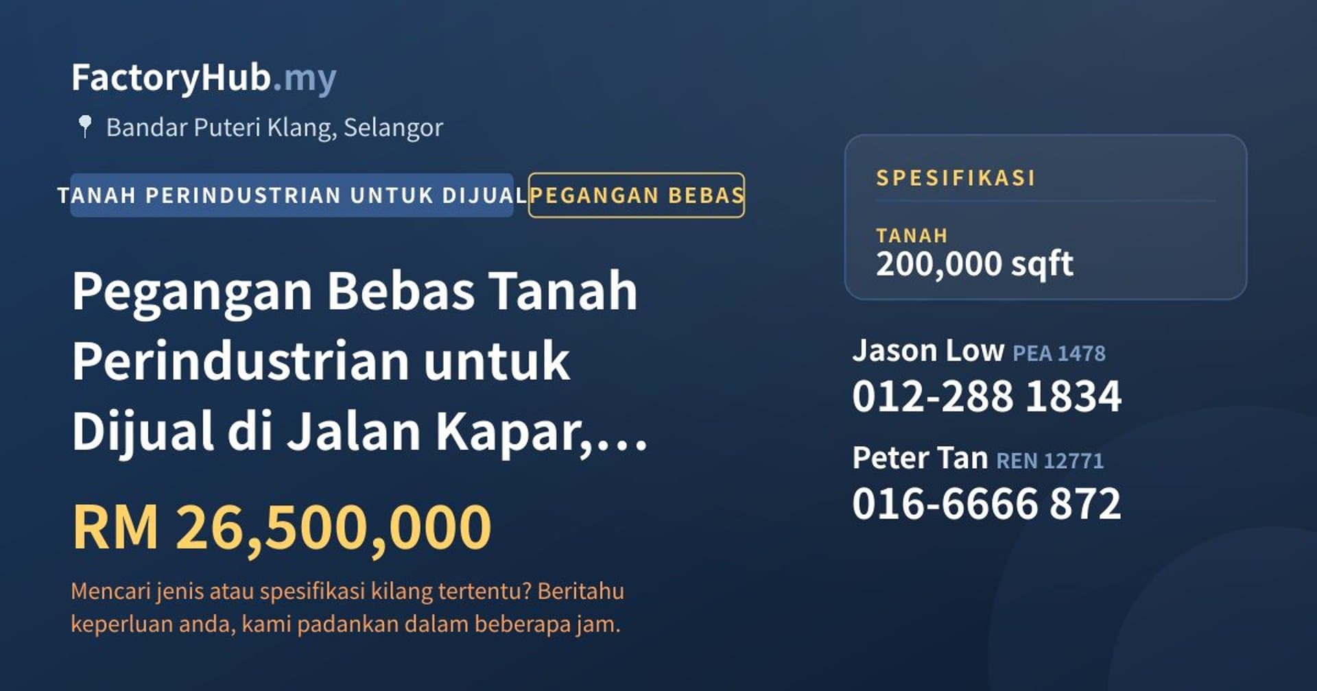 Pegangan Bebas Tanah Perindustrian untuk Dijual di Jalan Kapar, Klang · Imej hartanah 1/2