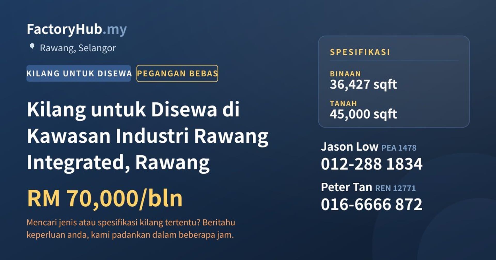 Kilang untuk Disewa di Kawasan Industri Rawang Integrated, Rawang · Imej hartanah 1/2