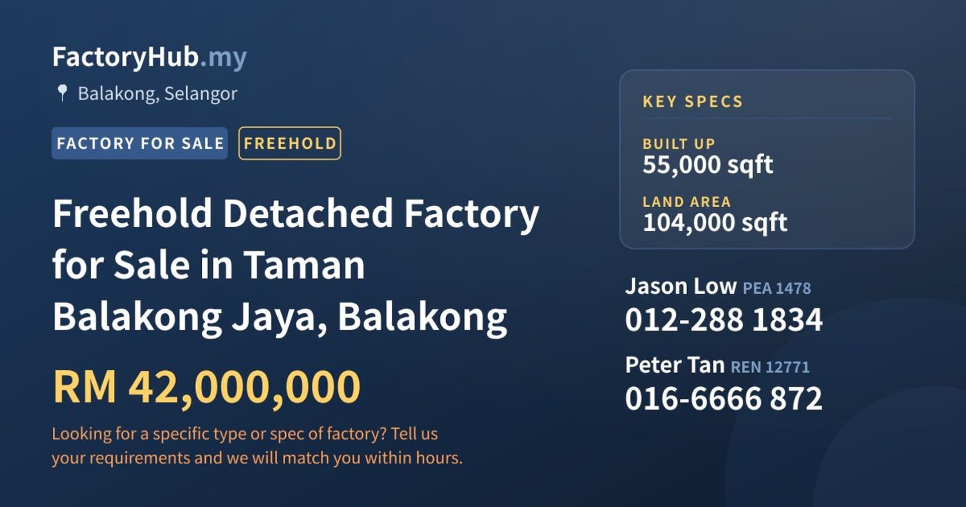 Freehold Detached Factory for Sale in Taman Balakong Jaya, Balakong - Property image 1 of 2