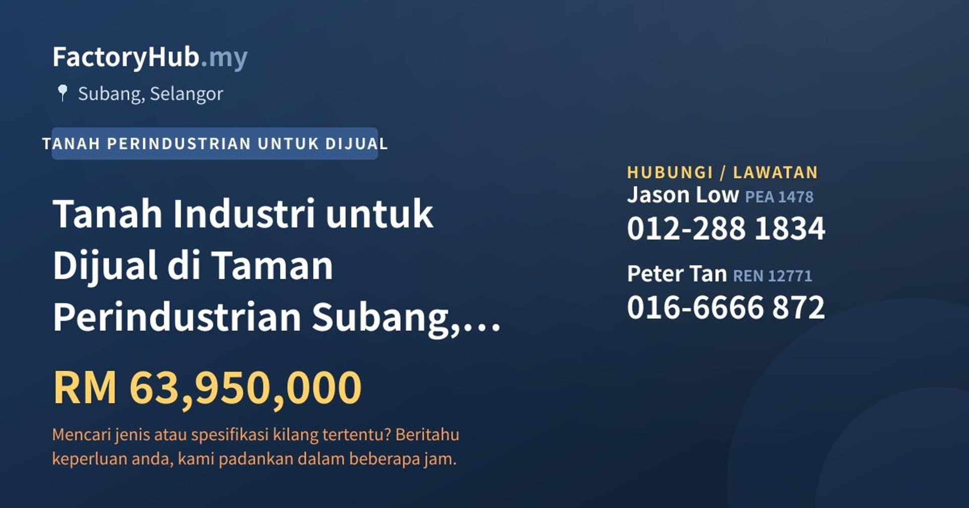 Tanah Industri untuk Dijual di Taman Perindustrian Subang, Subang · Imej hartanah 1/2