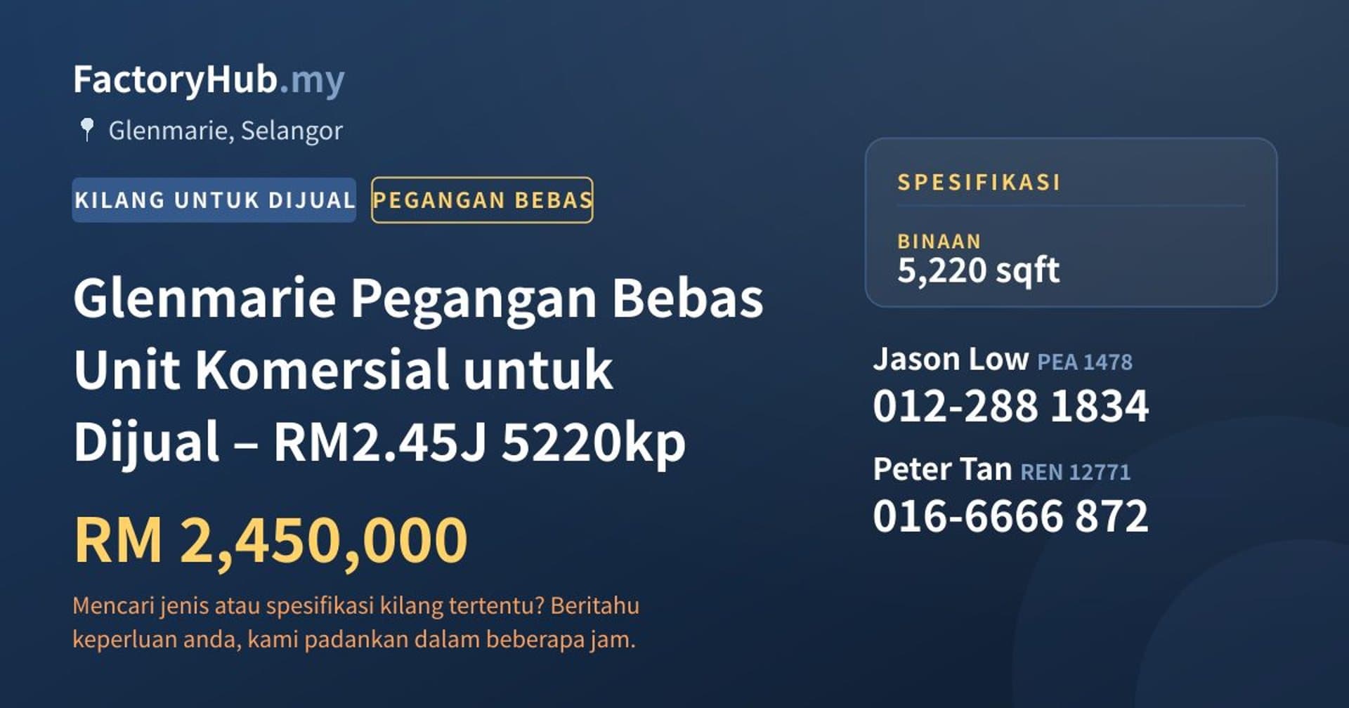 Glenmarie Pegangan Bebas Unit Komersial untuk Dijual – RM2.45J 5220kp · Imej hartanah 1/8