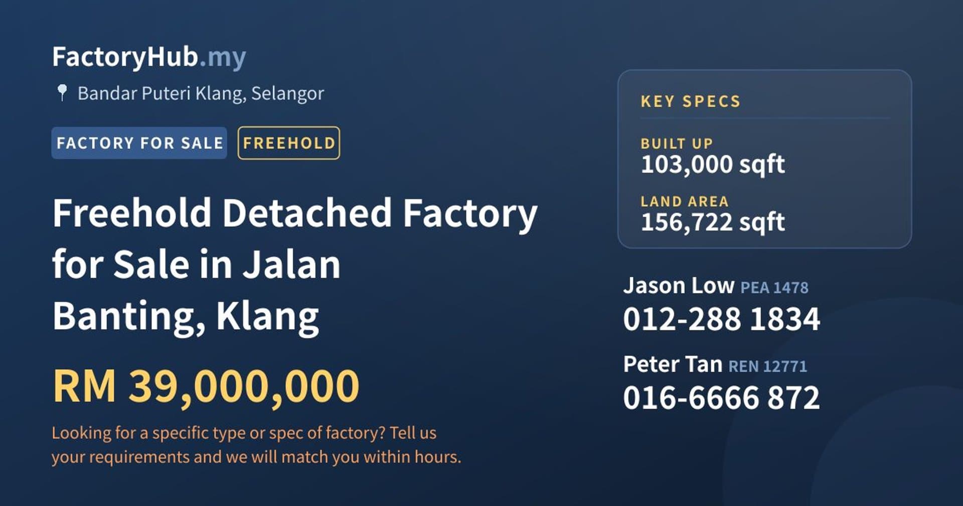 Freehold Detached Factory for Sale in Jalan Banting, Klang - Property image 1 of 2