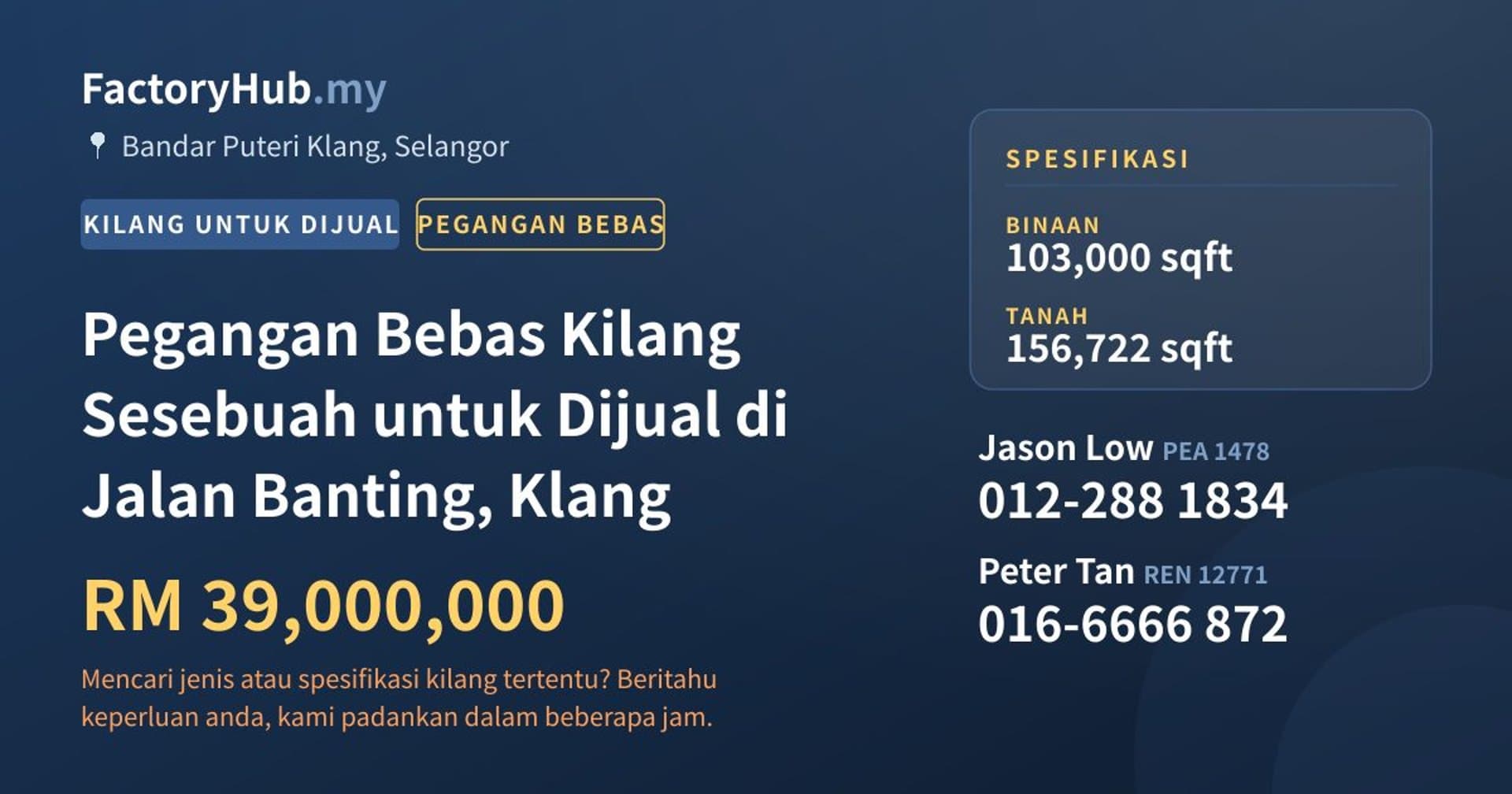 Pegangan Bebas Kilang Sesebuah untuk Dijual di Jalan Banting, Klang · Imej hartanah 1/2