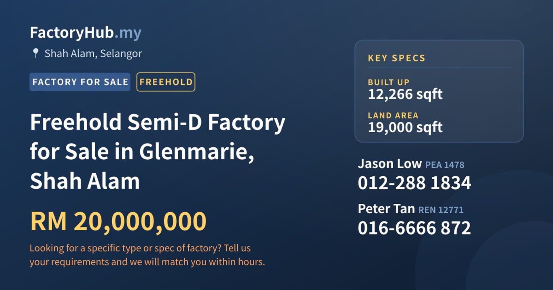 Freehold Semi-D Factory for Sale in Glenmarie, Shah Alam - Property image 1 of 2
