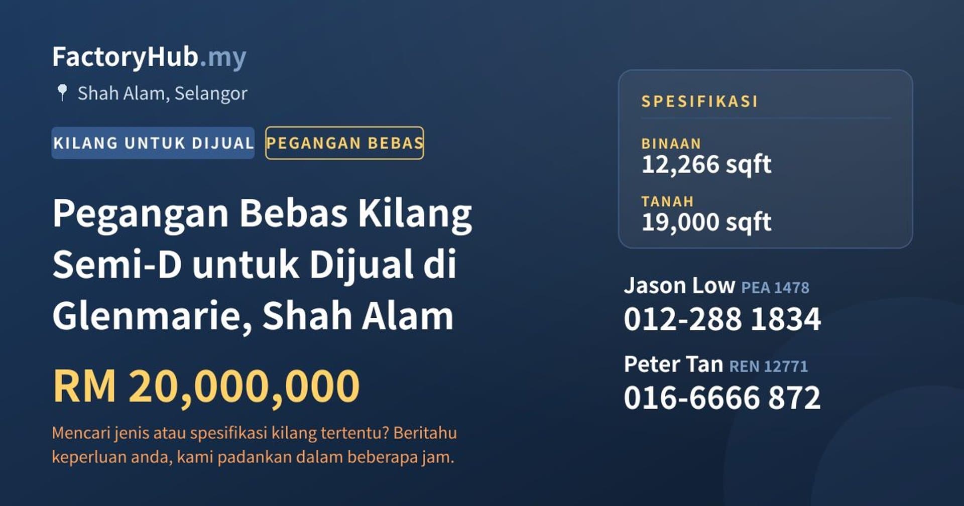 Pegangan Bebas Kilang Semi-D untuk Dijual di Glenmarie, Shah Alam · Imej hartanah 1/2