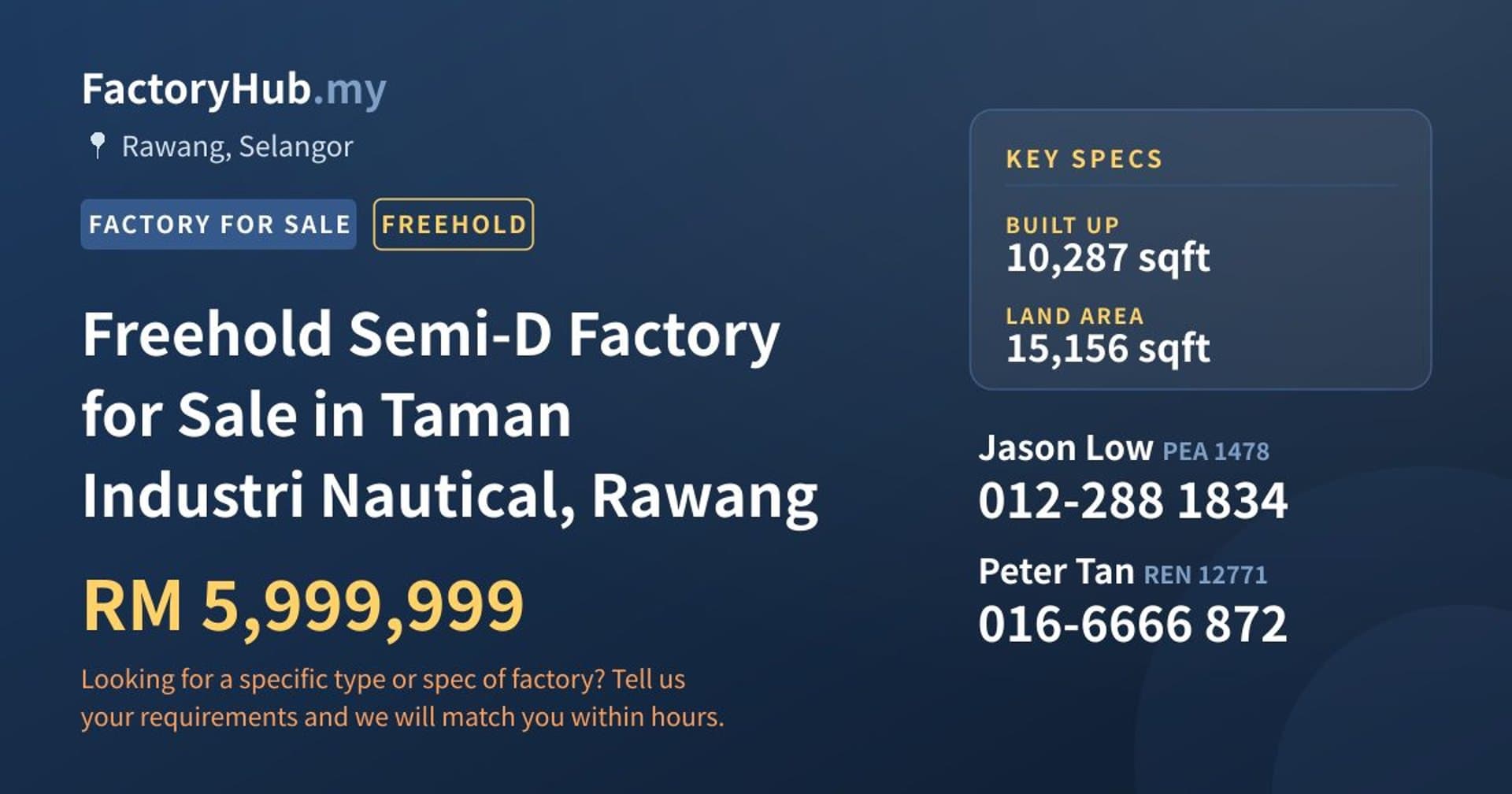Freehold Semi-D Factory for Sale in Taman Industri Nautical, Rawang - Property image 1 of 2