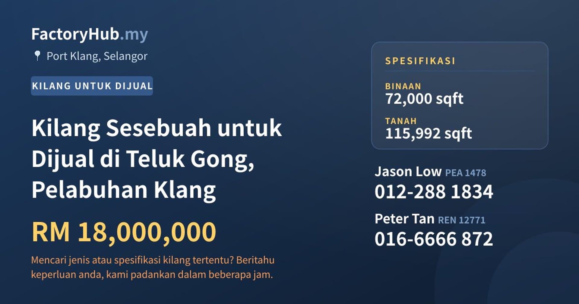 Kilang Sesebuah untuk Dijual di Teluk Gong, Pelabuhan Klang · Imej hartanah 1/2