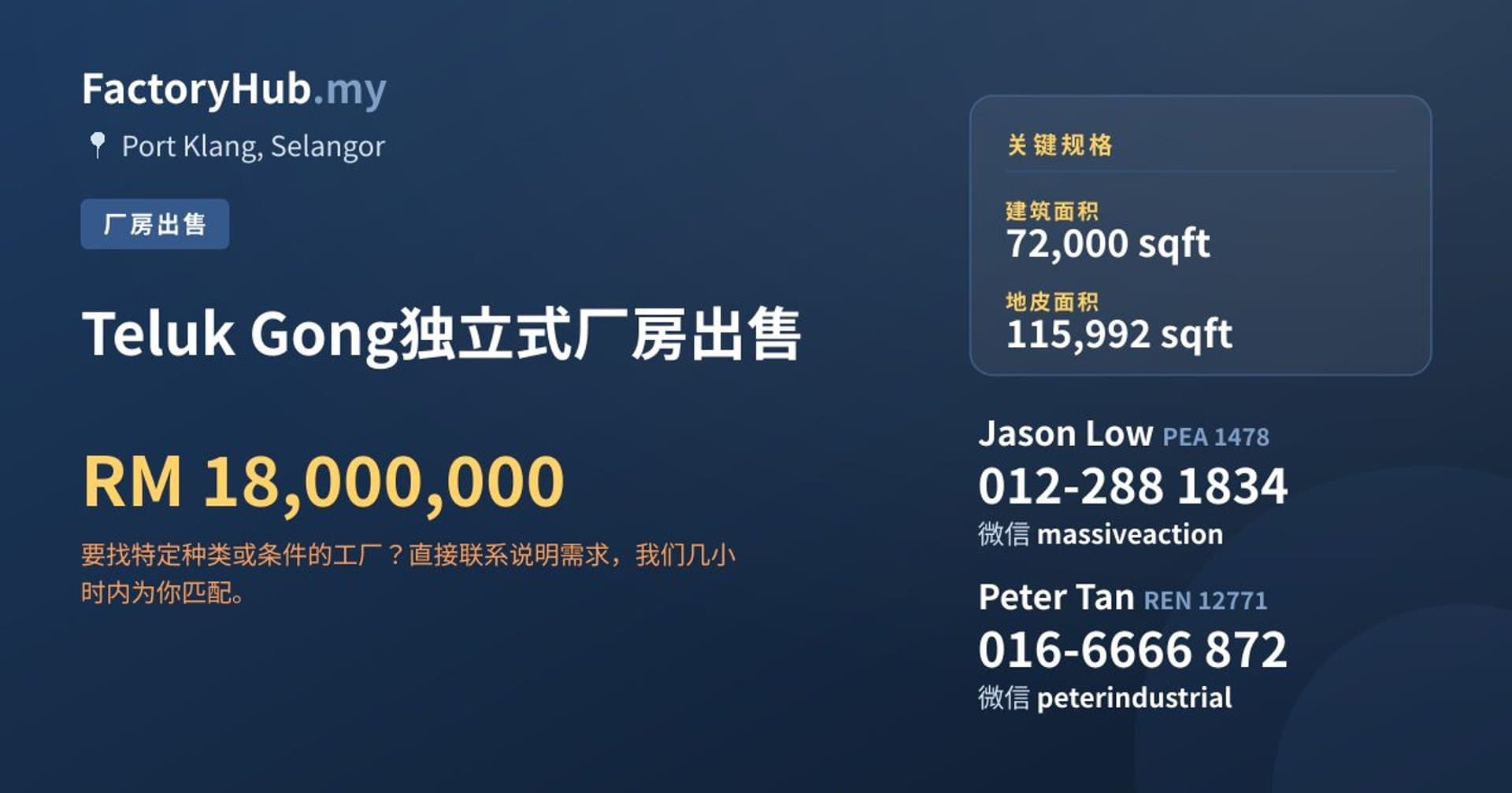 Teluk Gong独立式厂房出售 · 房源图片 1/2