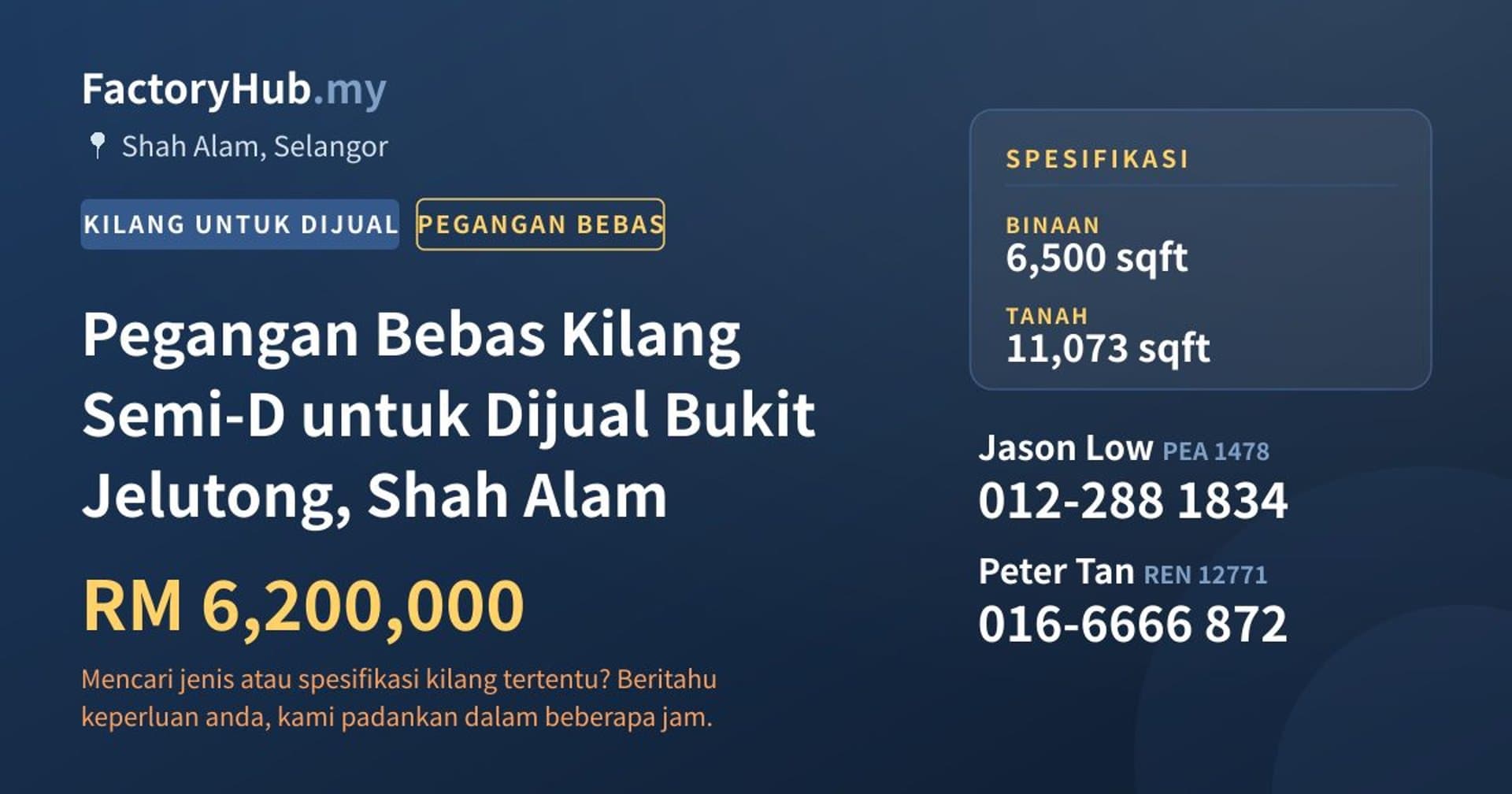 Pegangan Bebas Kilang Semi-D untuk Dijual Bukit Jelutong, Shah Alam · Imej hartanah 1/2