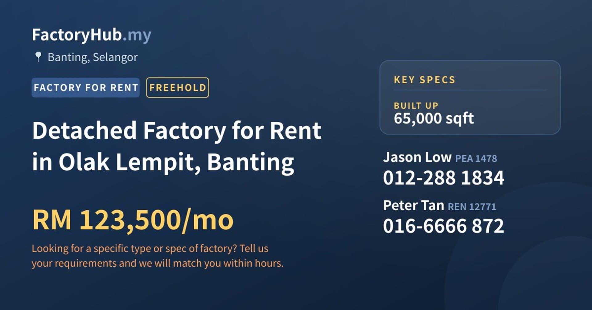 Detached Factory for Rent in Olak Lempit, Banting - Property image 1 of 2