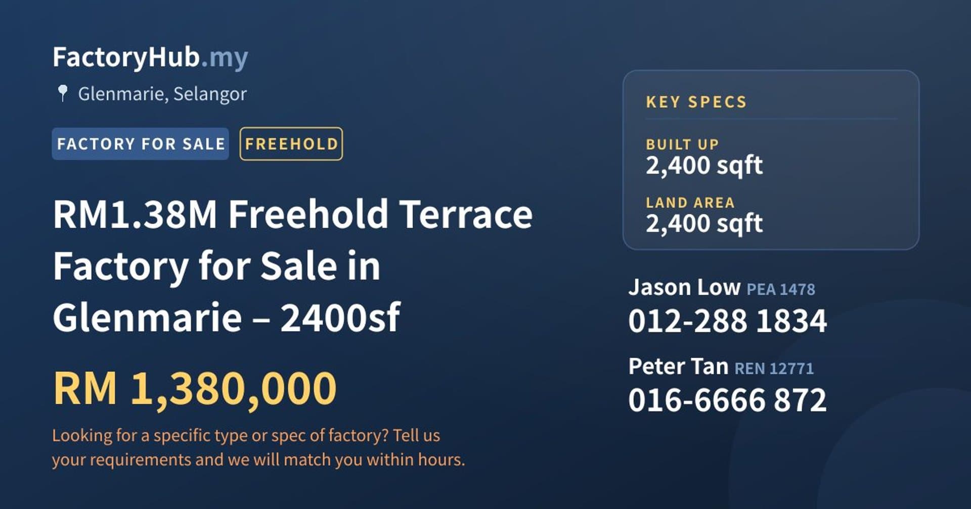 RM1.38M Freehold Terrace Factory for Sale in Glenmarie – 2400sf - Property image 1 of 9