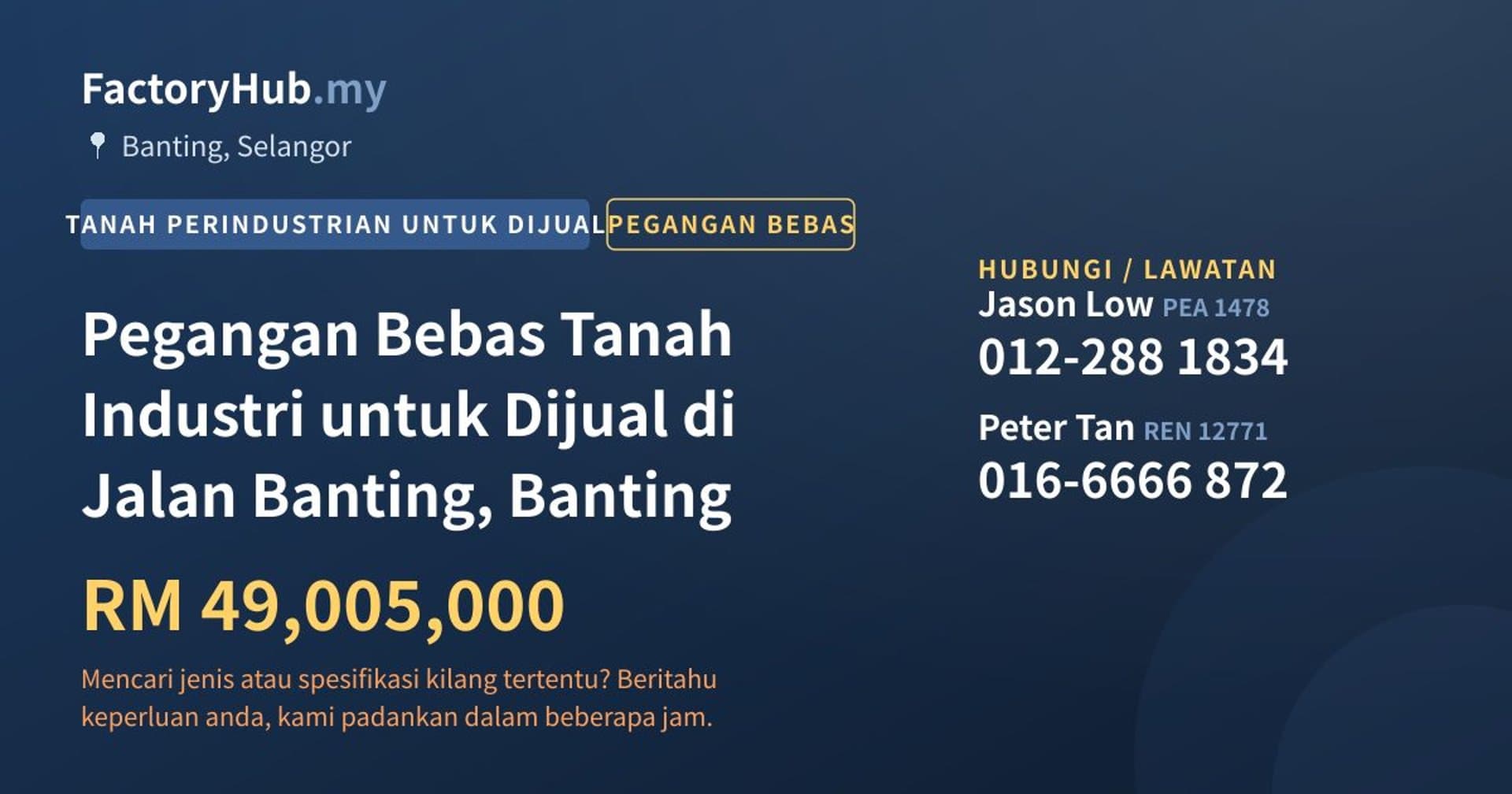 Pegangan Bebas Tanah Industri untuk Dijual di Jalan Banting, Banting · Imej hartanah 1/2