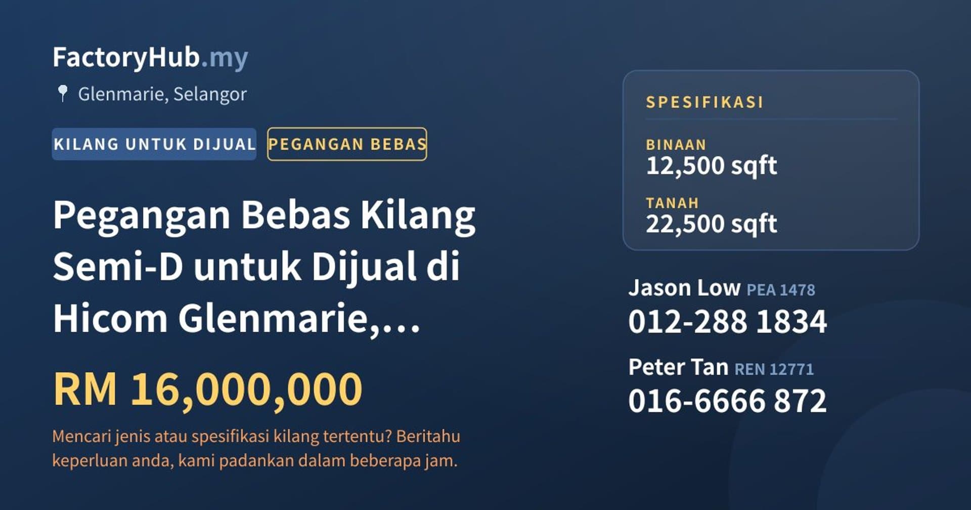 Pegangan Bebas Kilang Semi-D untuk Dijual di Hicom Glenmarie, Glenmarie · Imej hartanah 1/2