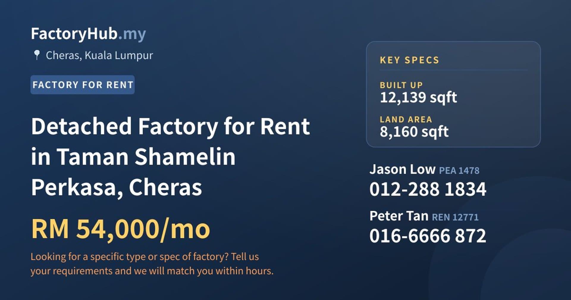 Detached Factory for Rent in Taman Shamelin Perkasa, Cheras - Property image 1 of 2