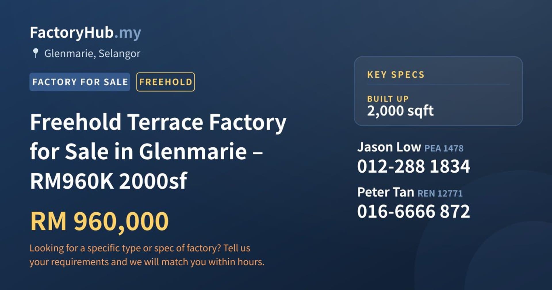 Freehold Terrace Factory for Sale in Glenmarie – RM960K 2000sf - Property image 1 of 7