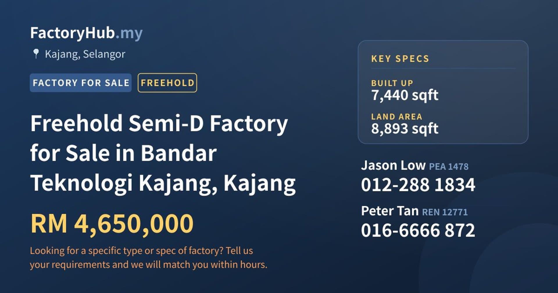 Freehold Semi-D Factory for Sale in Bandar Teknologi Kajang, Kajang - Property image 1 of 2