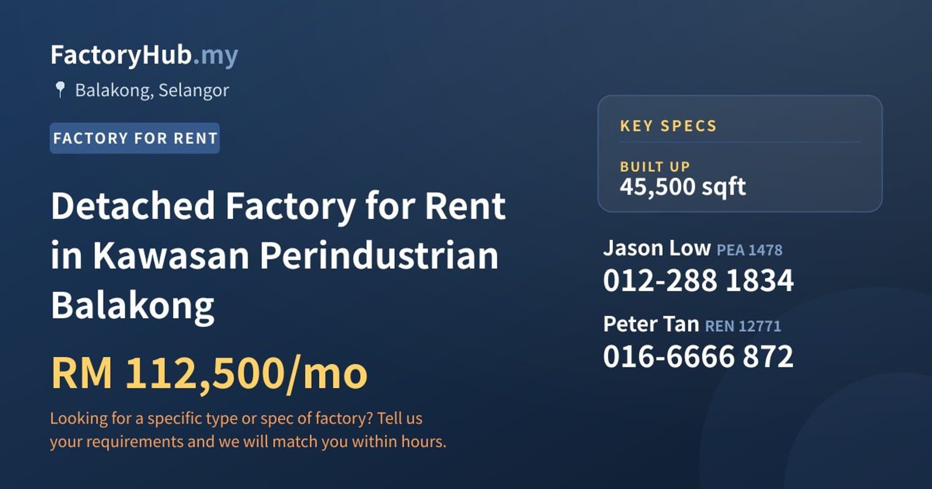 Detached Factory for Rent in Kawasan Perindustrian Balakong - Property image 1 of 2