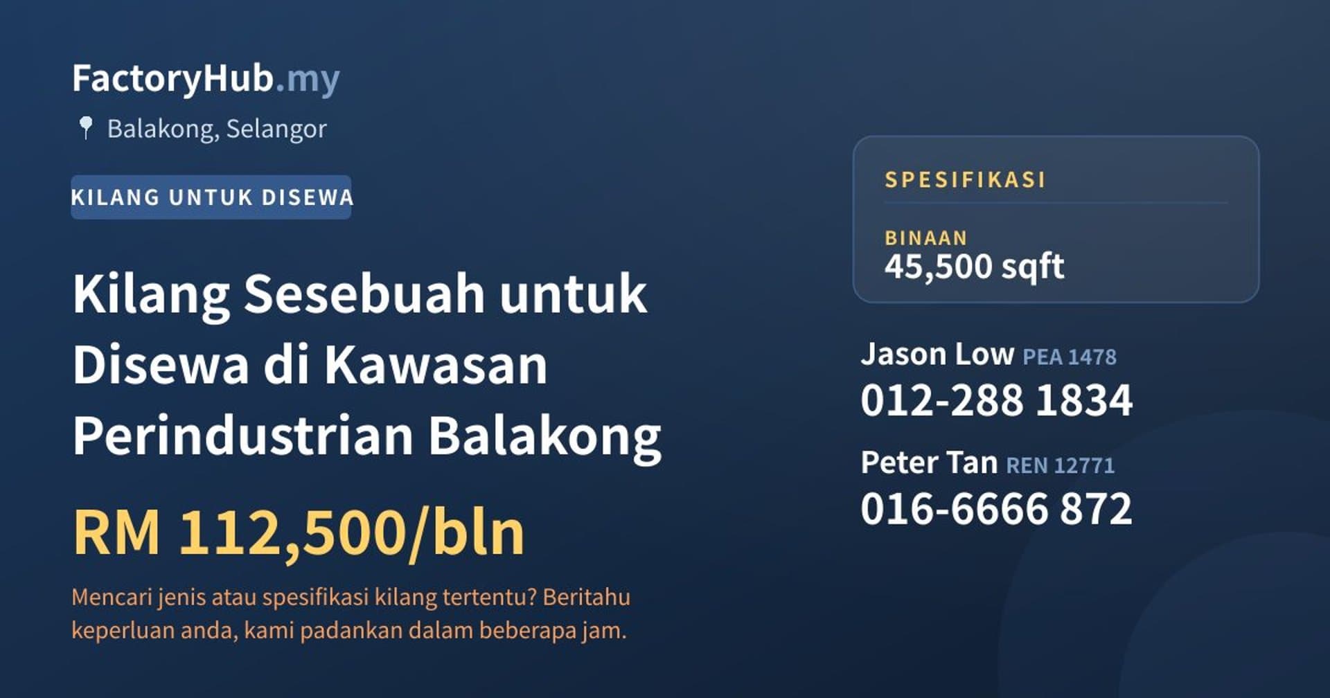 Kilang Sesebuah untuk Disewa di Kawasan Perindustrian Balakong · Imej hartanah 1/2