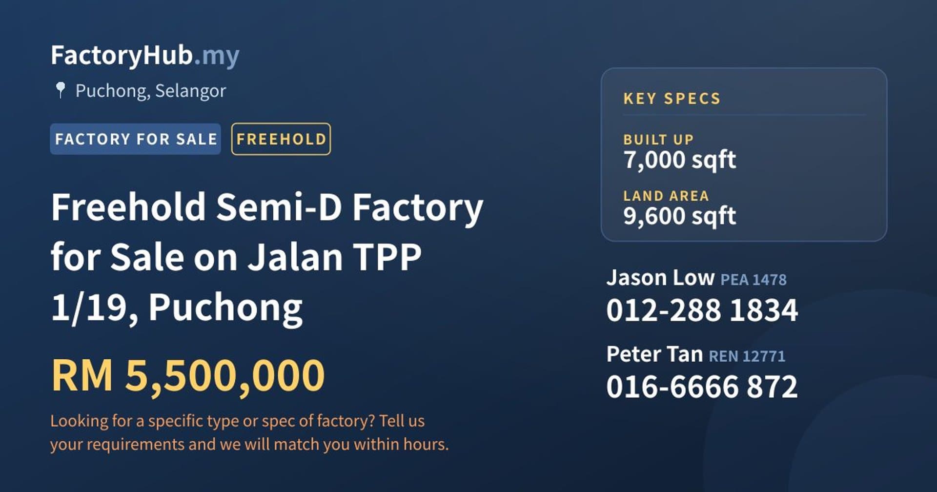 Freehold Semi-D Factory for Sale on Jalan TPP 1/19, Puchong - Property image 1 of 2