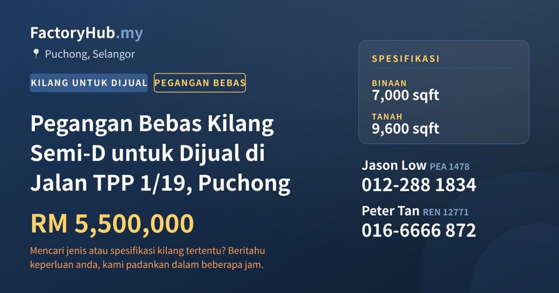 Pegangan Bebas Kilang Semi-D untuk Dijual di Jalan TPP 1/19, Puchong · Imej hartanah 1/2