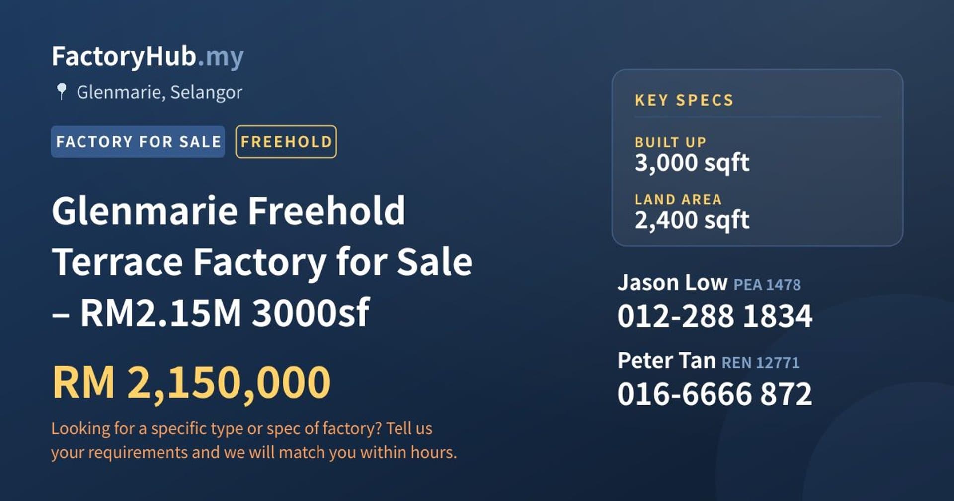 Glenmarie Freehold Terrace Factory for Sale – RM2.15M 3000sf - Property image 1 of 8