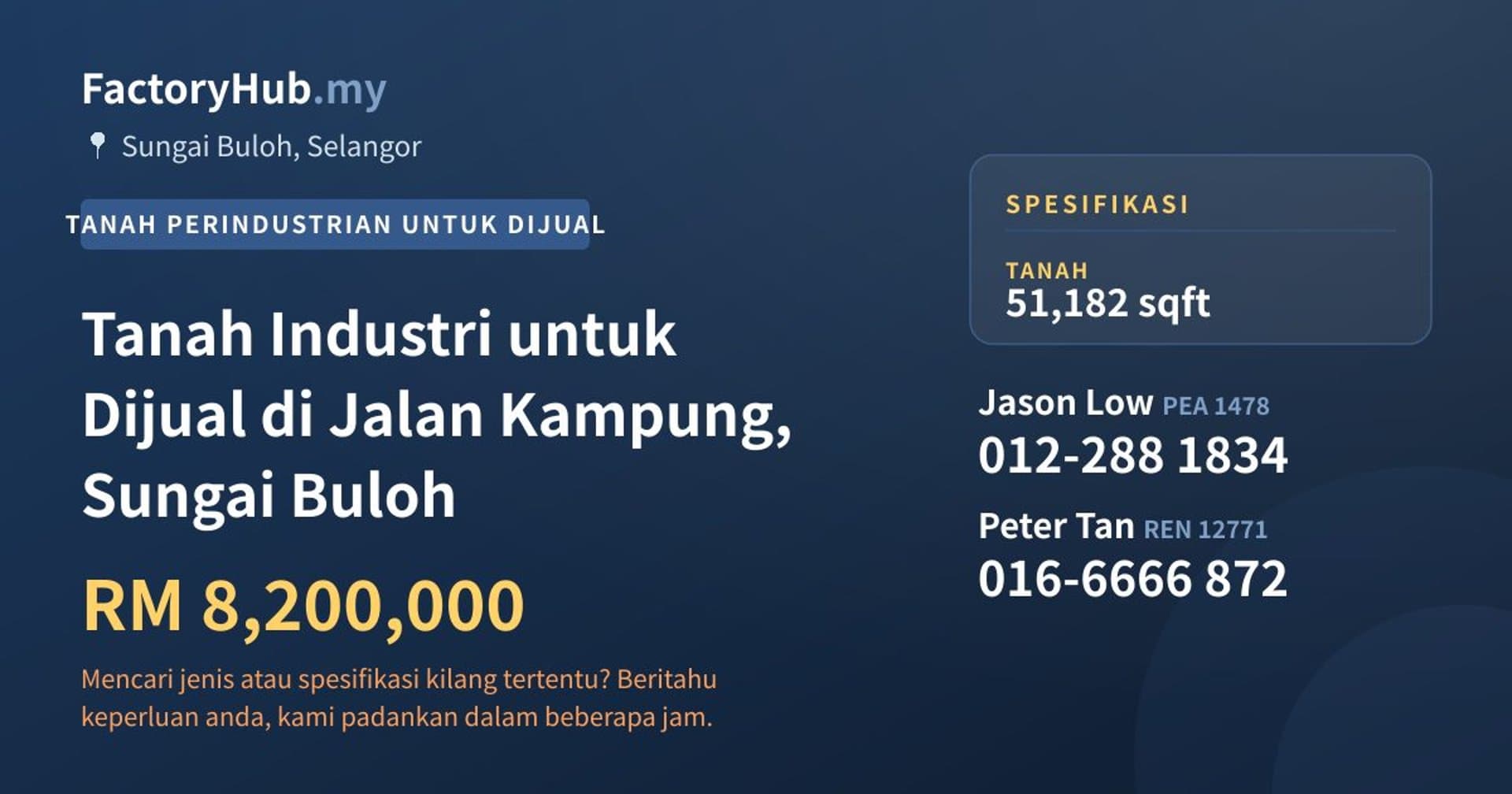 Tanah Industri untuk Dijual di Jalan Kampung, Sungai Buloh · Imej hartanah 1/2