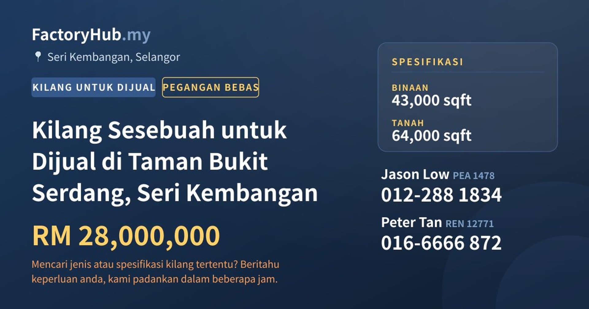 Kilang Sesebuah untuk Dijual di Taman Bukit Serdang, Seri Kembangan · Imej hartanah 1/2