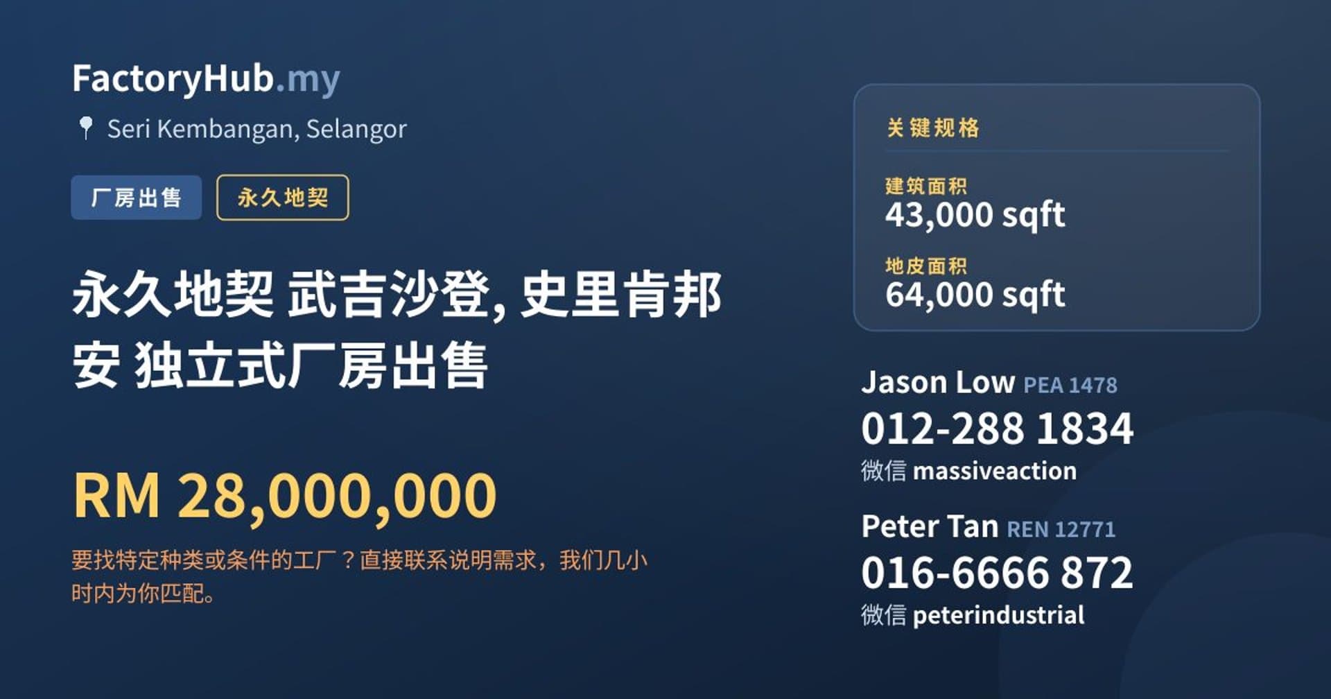 永久地契 武吉沙登, 史里肯邦安 独立式厂房出售 · 房源图片 1/2