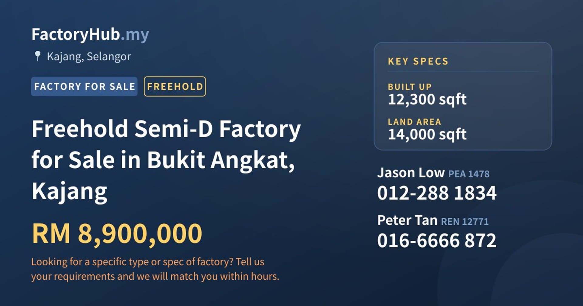 Freehold Semi-D Factory for Sale in Bukit Angkat, Kajang - Property image 1 of 2