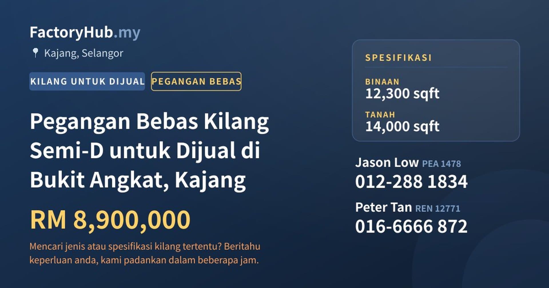 Pegangan Bebas Kilang Semi-D untuk Dijual di Bukit Angkat, Kajang · Imej hartanah 1/2